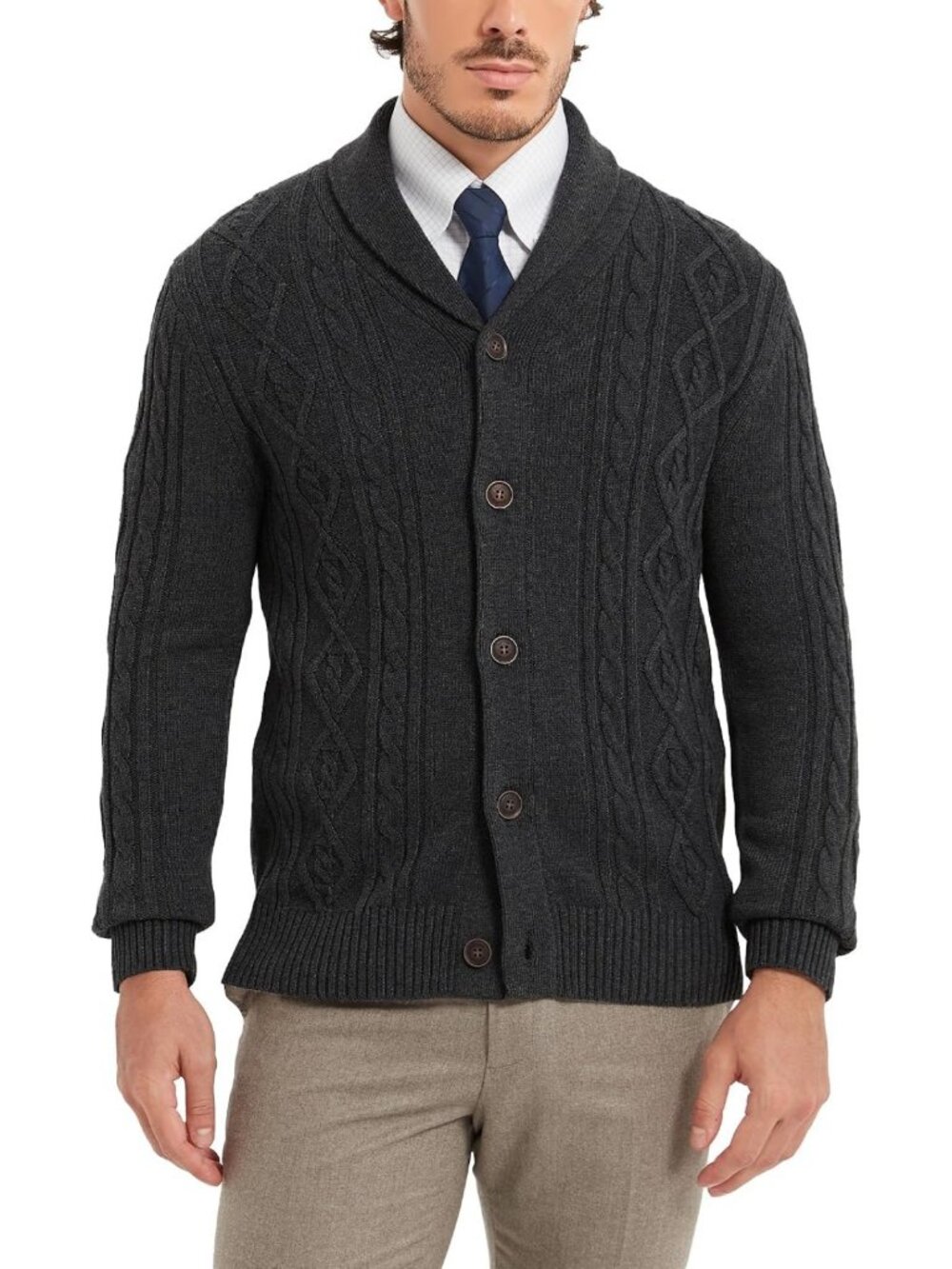 Cozy Men's Wool Blend Cable Knit Cardigan Sweater with Shawl Collar - Classic